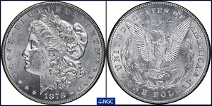 image for: 1878 Morgan Silver Dollar. 7 Tailfeathers. Reverse of 1878. VAM-82. Doubled Stars, Disconnected Leaf. MS-64 (NGC).