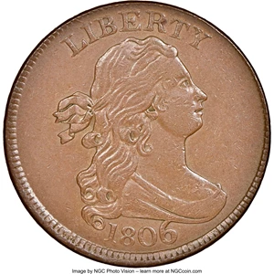 image for: 1806 1/2 C Large 6, Stems, C-4, B-4, R.1, AU58 NGC. NGC Census: (21/35). PCGS Population: (3/6). CDN: $1,500 Whsle. Bid for...