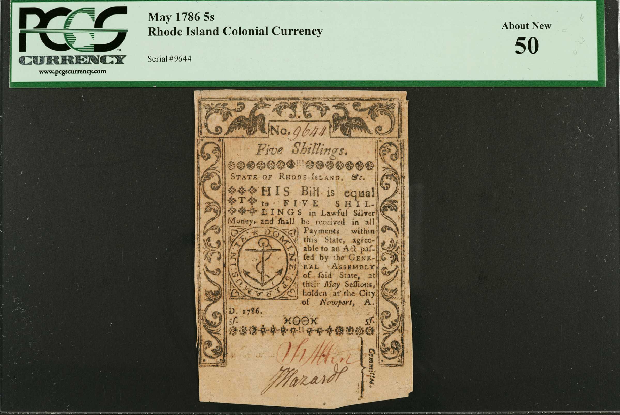 image for: RI-295. Rhode Island. May, 1786. 5 Shillings. PCGS Currency About New 50.