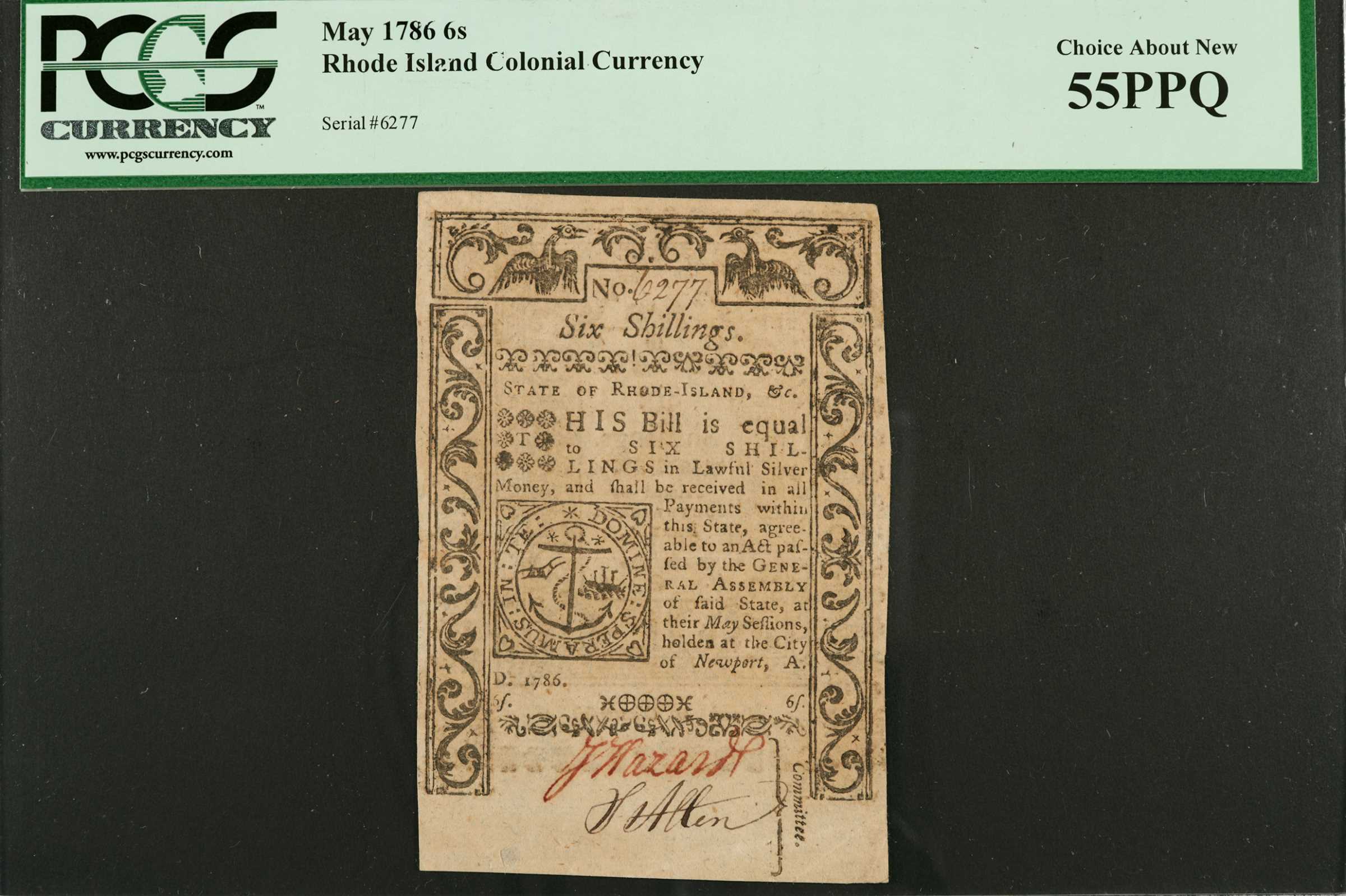 image for: RI-296. Rhode Island. May, 1786. 6 Shillings. PCGS Currency Choice About New 55 PPQ.