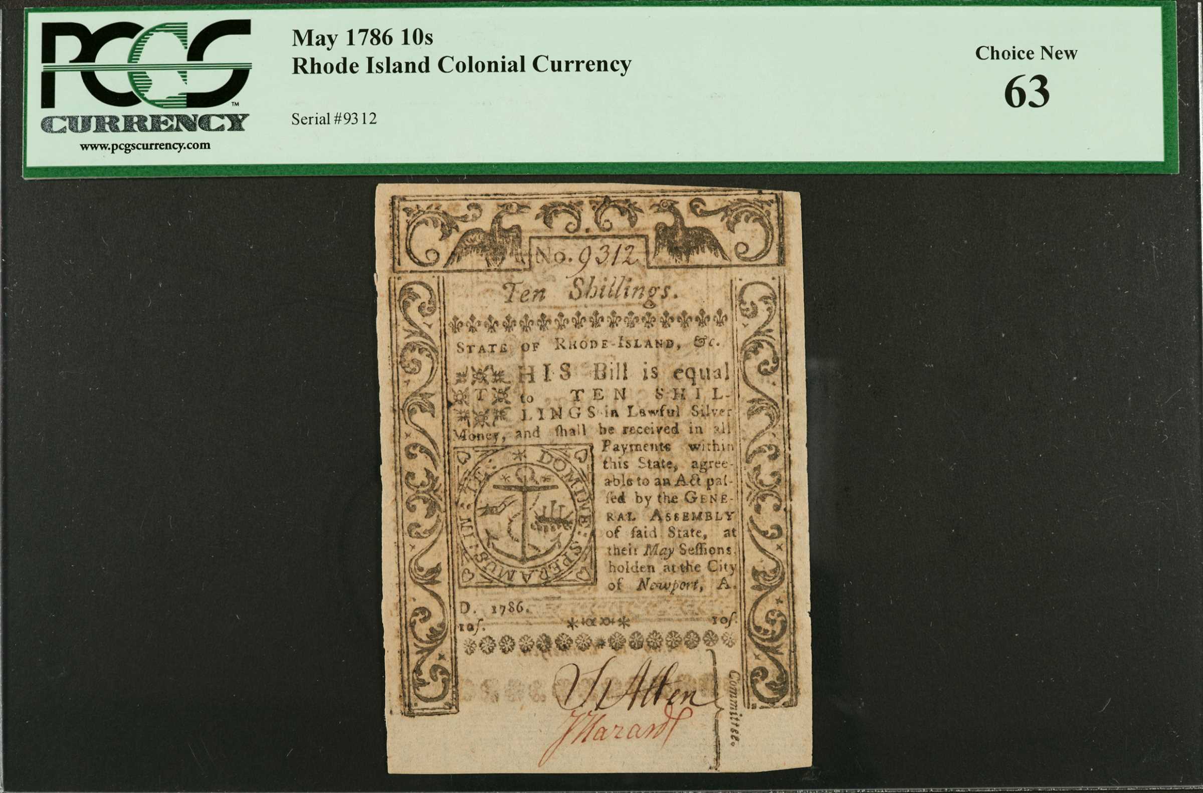 image for: RI-297. Rhode Island. May, 1786. 10 Shillings. PCGS Currency Choice New 63.