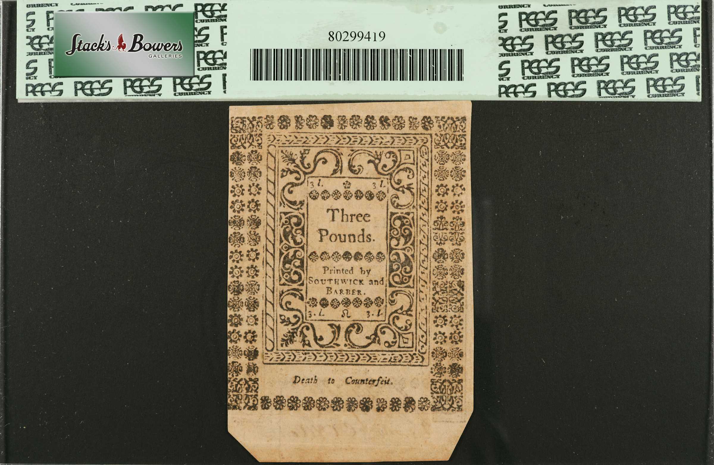 image for: RI-301. Rhode Island. May, 1786. 3 Pounds. PCGS Currency Extremely Fine 45.