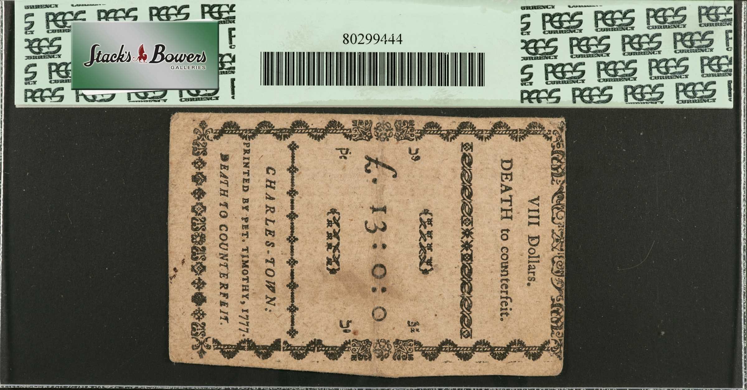 image for: SC-141. South Carolina. December 23, 1776. $8. PCGS Currency Very Fine 35.