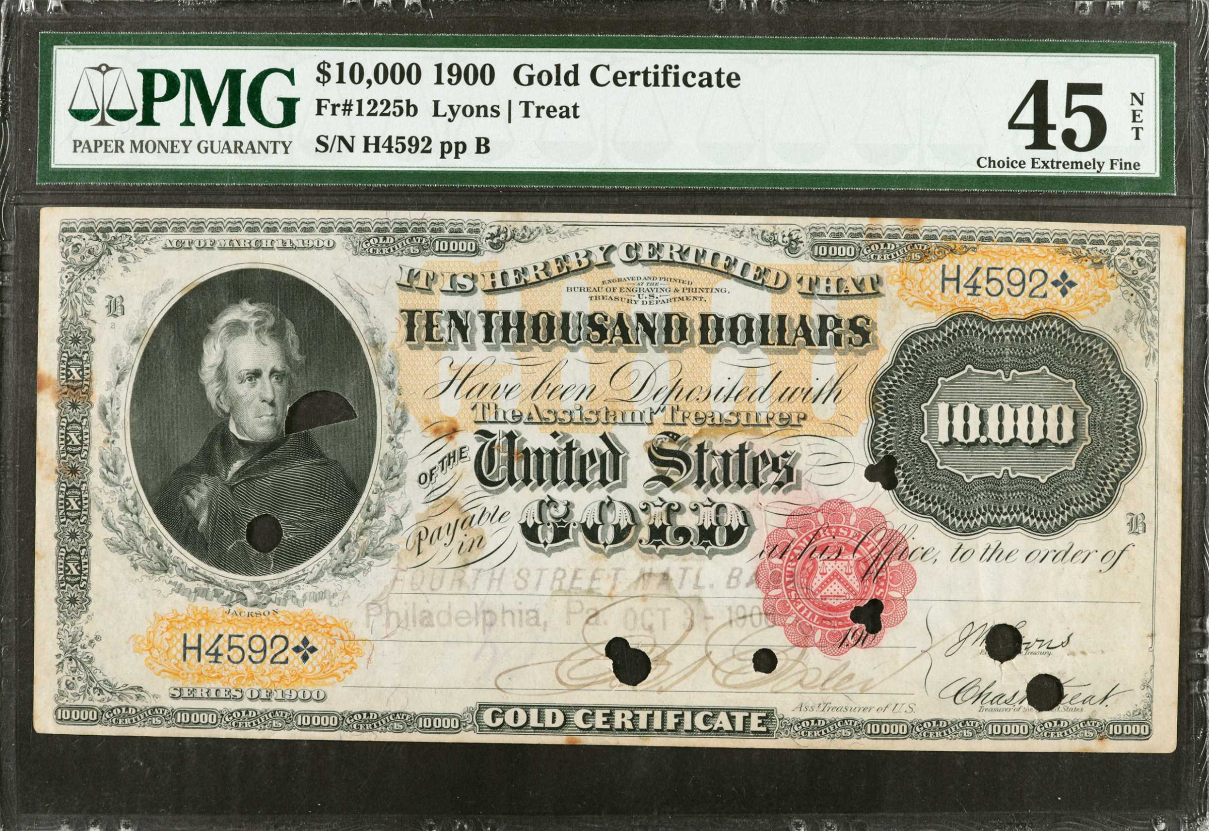 image for: Fr. 1225b. 1900 $10,000  Gold Certificate. PMG Choice Extremely Fine 45 Net. Cancelled, Stained, Rust.