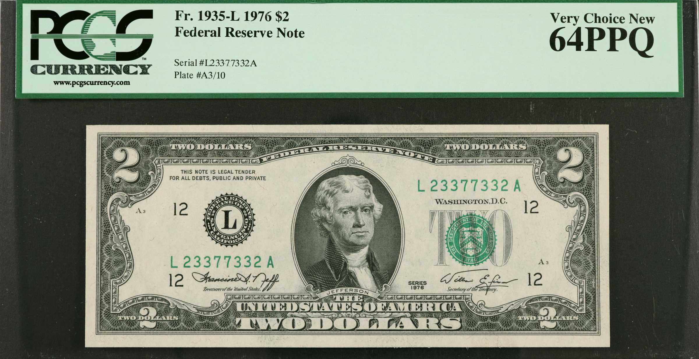 image for: Fr. 1935-L. 1976 $2  Federal Reserve Note. San Francisco. PCGS Currency Very Choice New 64 PPQ. Radar Serial Number.