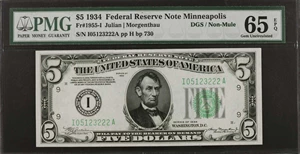 image for: Fr. 1955-I. 1934 $5 Federal Reserve Note. Minneapolis. PMG Gem Uncirculated 65 EPQ. DGS/Non-Mule.
