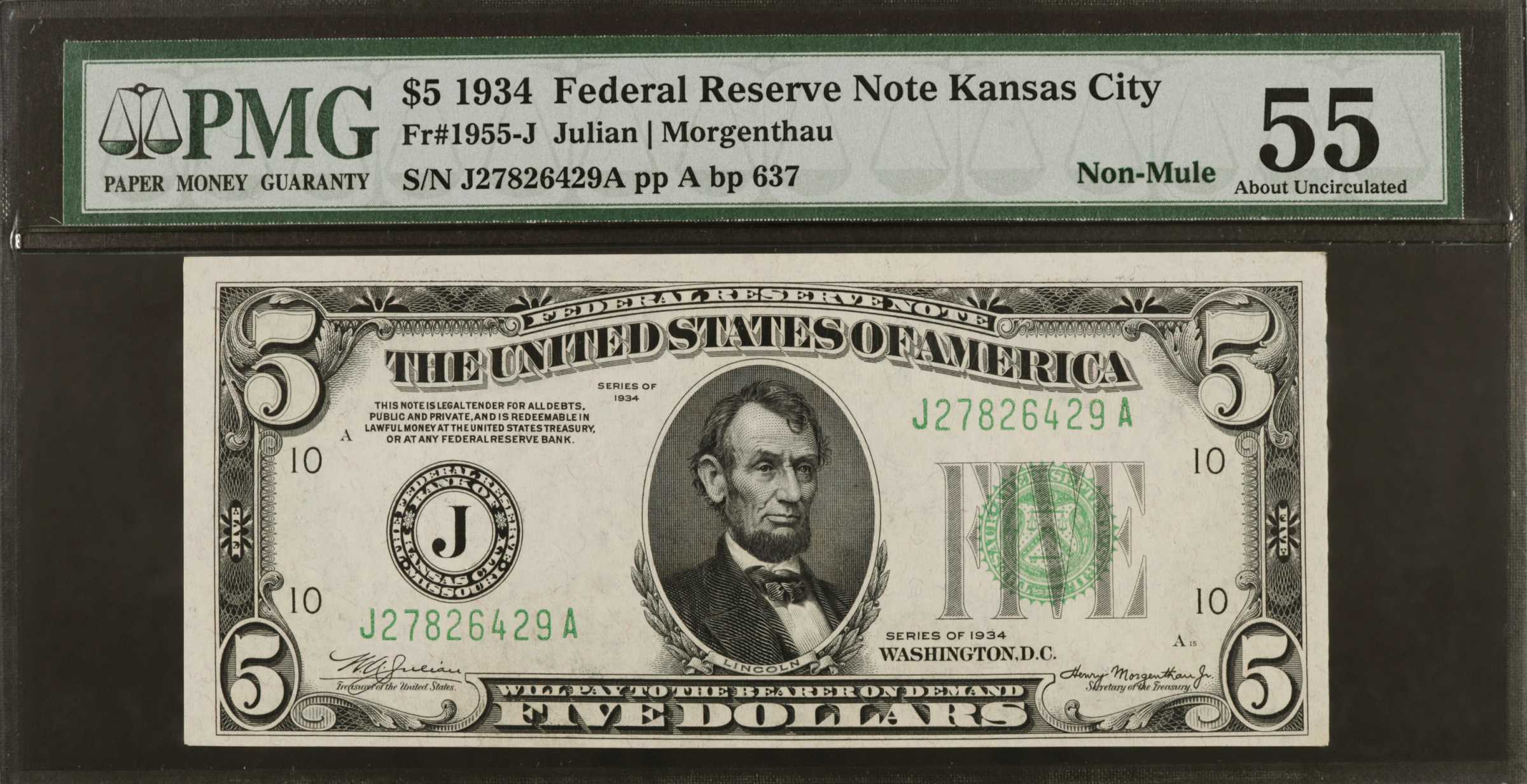 image for: Fr. 1955-J. 1934 $5  Federal Reserve Note. Kansas City. PMG About Uncirculated 55. Non-Mule.