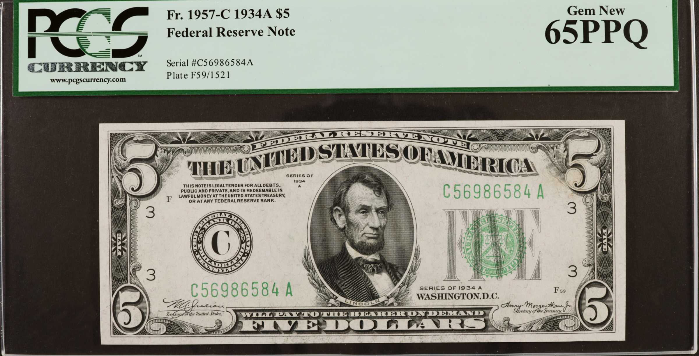 image for: Fr. 1957-C. 1934A $5  Federal Reserve Note. Philadelphia. PCGS Currency Gem New 65 PPQ.