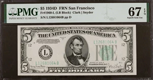 image for: Fr. 1960-L. 1934D $5 Federal Reserve Note. San Francisco. PMG Superb Gem Uncirculated 67 EPQ.