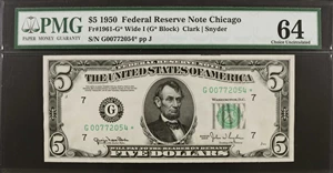 image for: Fr. 1961-G*. 1950 $5 Federal Reserve Star Note. Wide I. Chicago. PMG Choice Uncirculated 64.