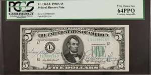 image for: Fr. 1962-L. 1950A $5 Federal Reserve Note. San Francisco. PCGS Currency Very Choice New 64 PPQ. Courtesy Autographs.