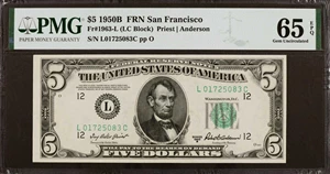 image for: Fr. 1963-L. 1950B $5 Federal Reserve Note. San Francisco. PMG Gem Uncirculated 65 EPQ.