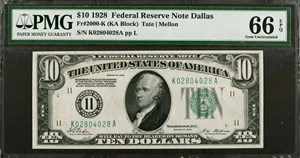 image for: Fr. 2000-K. 1928 $10 Federal Reserve Note. Dallas. PMG Gem Uncirculated 66 EPQ.