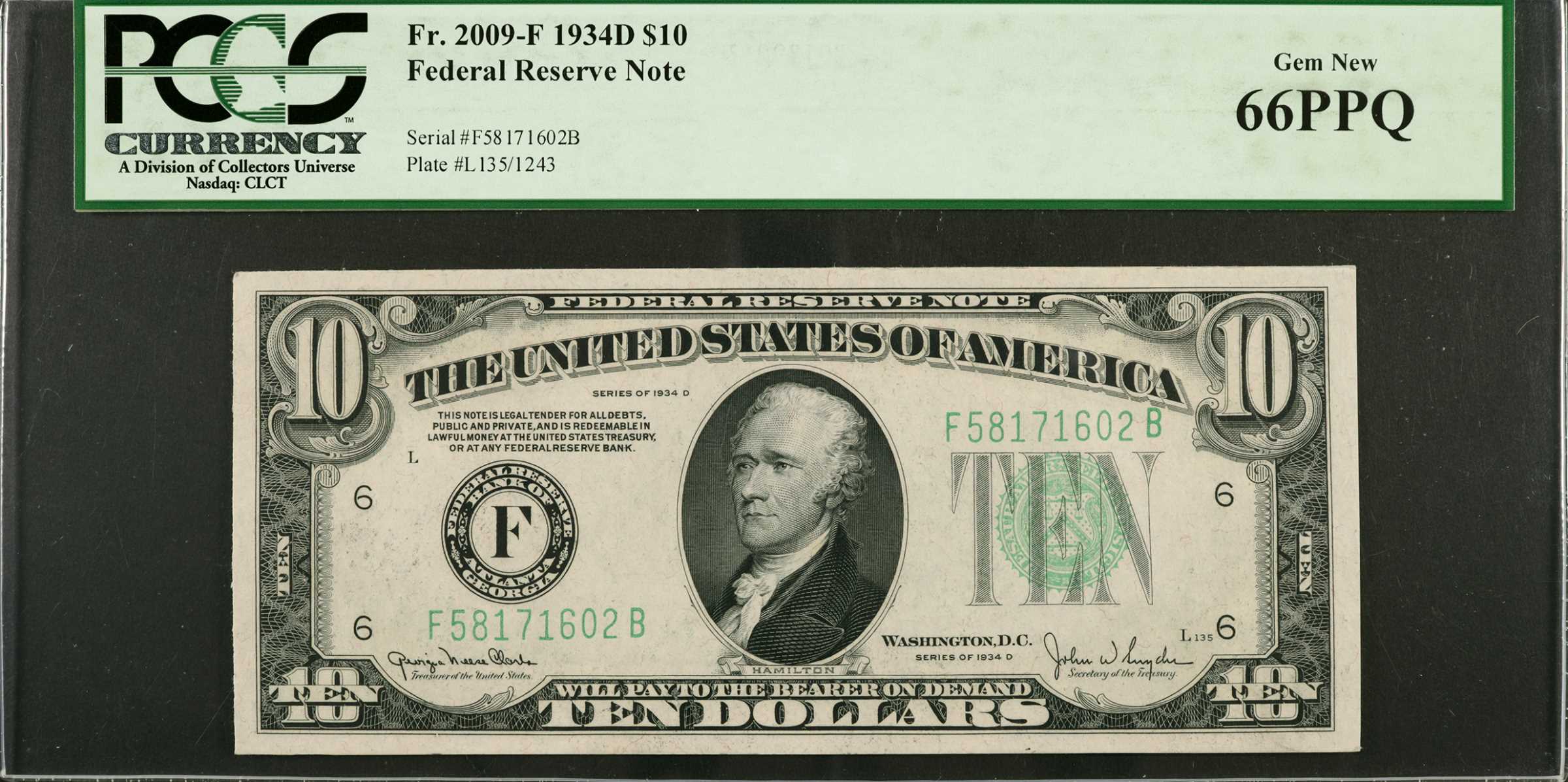 image for: Fr. 2009-F. 1934D $10  Federal Reserve Note. Atlanta. PCGS Currency Gem New 66 PPQ.
