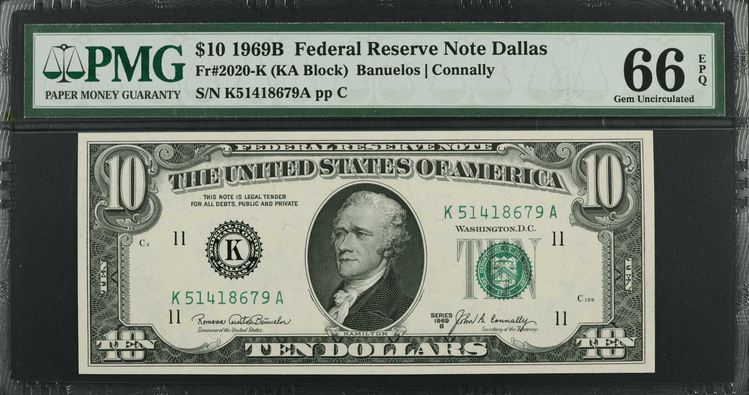 image for: Fr. 2020-K. 1969B $10  Federal Reserve Note. Dallas. PMG Gem Uncirculated 66 EPQ.