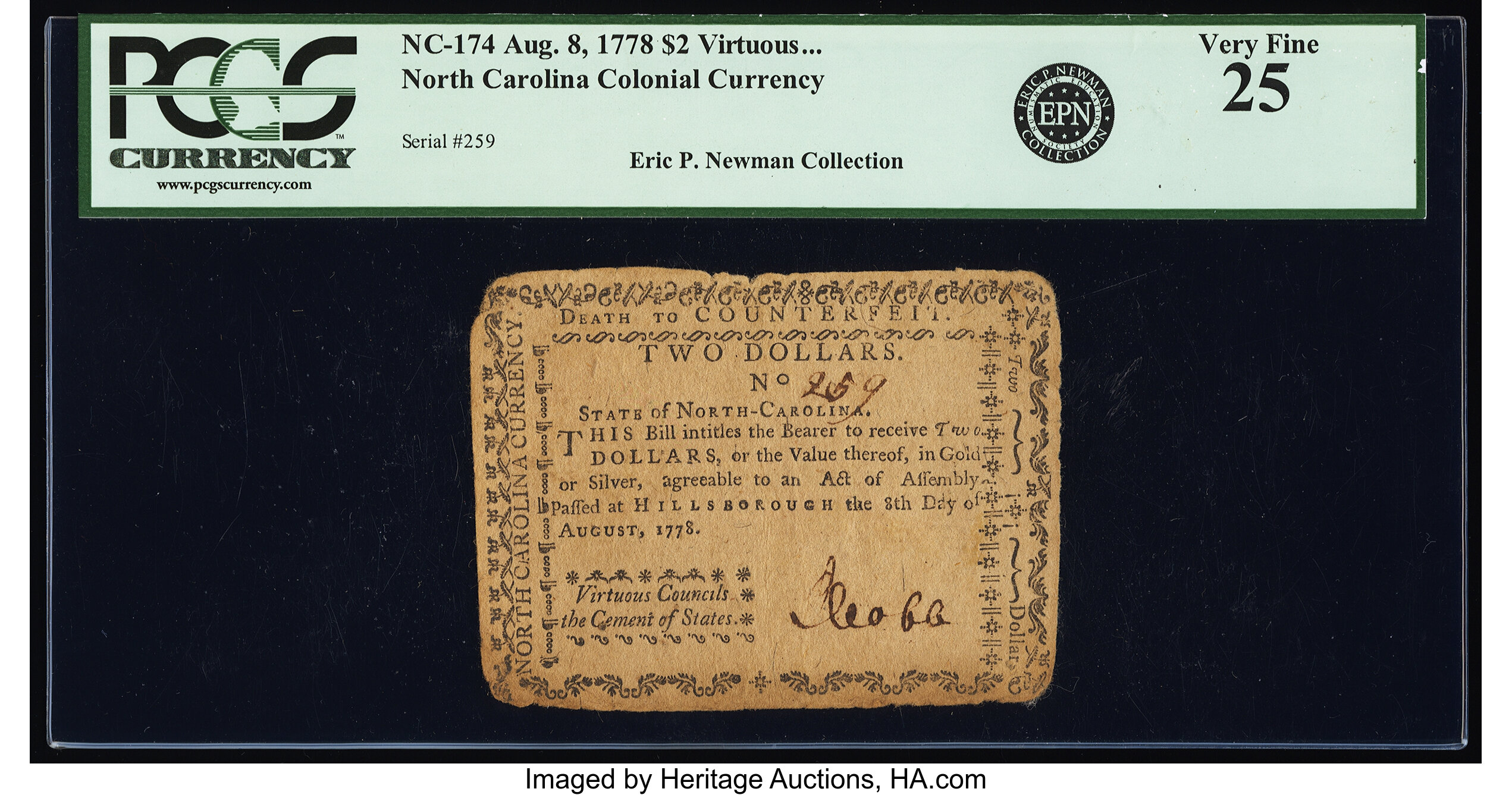 image for: North Carolina August 8, 1778 $2 Virtuous Councils the Cement of States PCGS Very Fine 25....