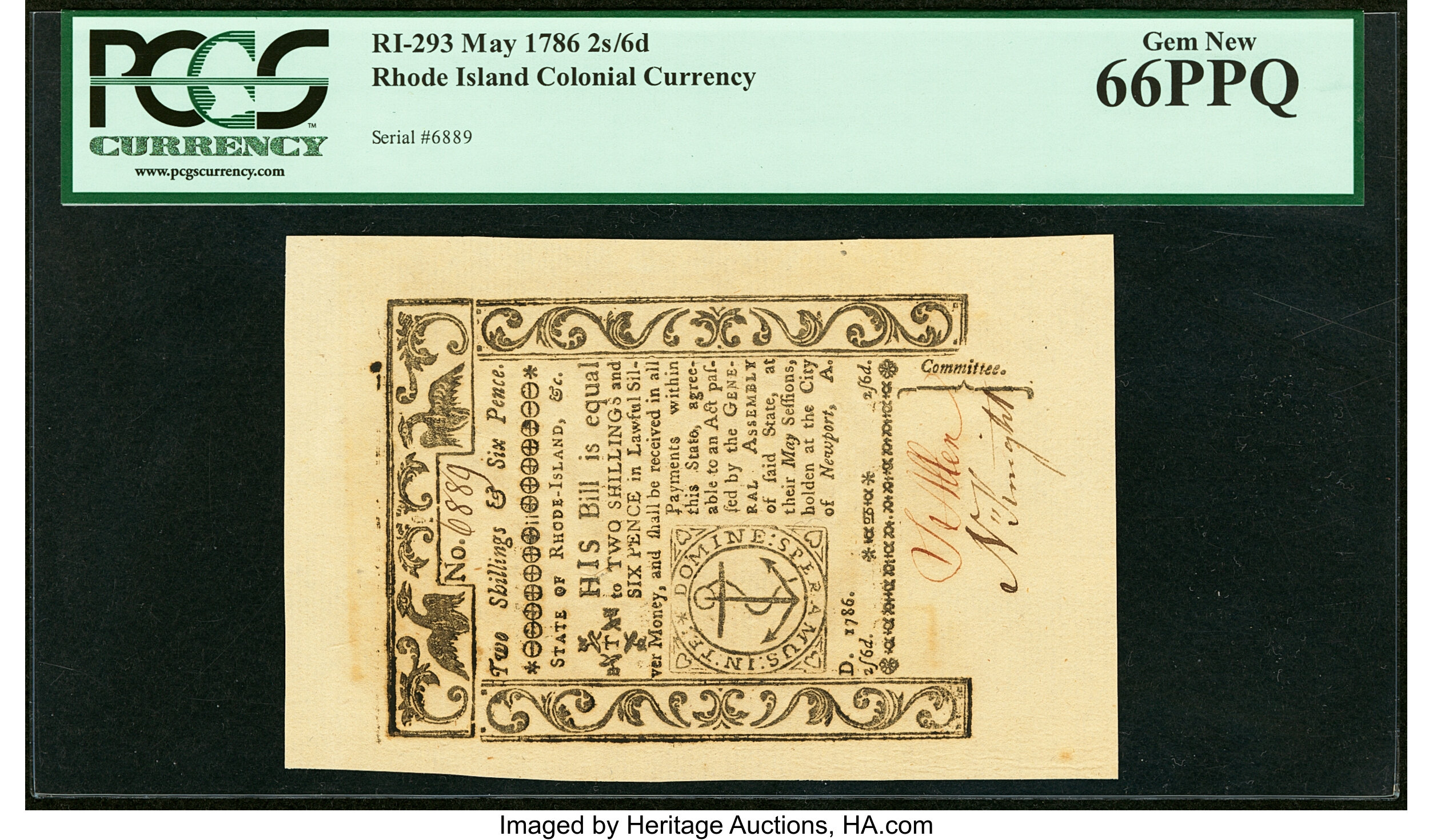 image for: Rhode Island May 1786 2s 6d PCGS Gem New 66PPQ....