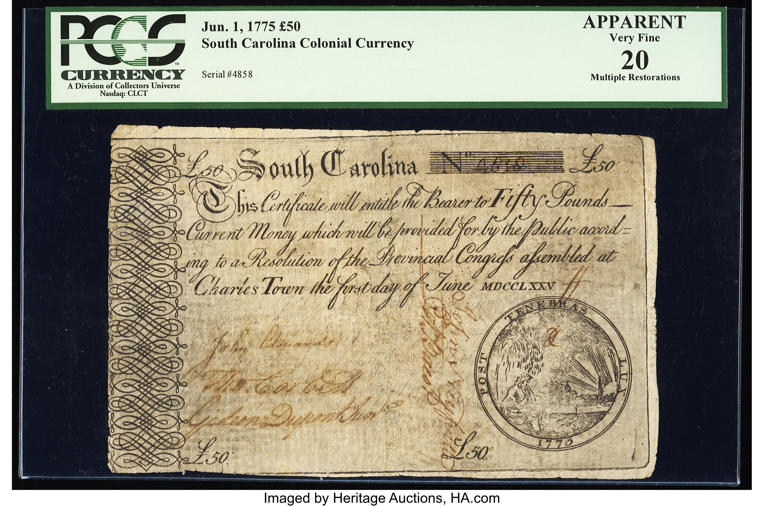 image for: South Carolina June 1, 1775 £50 PCGS Apparent Very Fine 20....