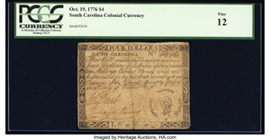 image for: South Carolina October 19, 1776 $4 PCGS Fine 12....