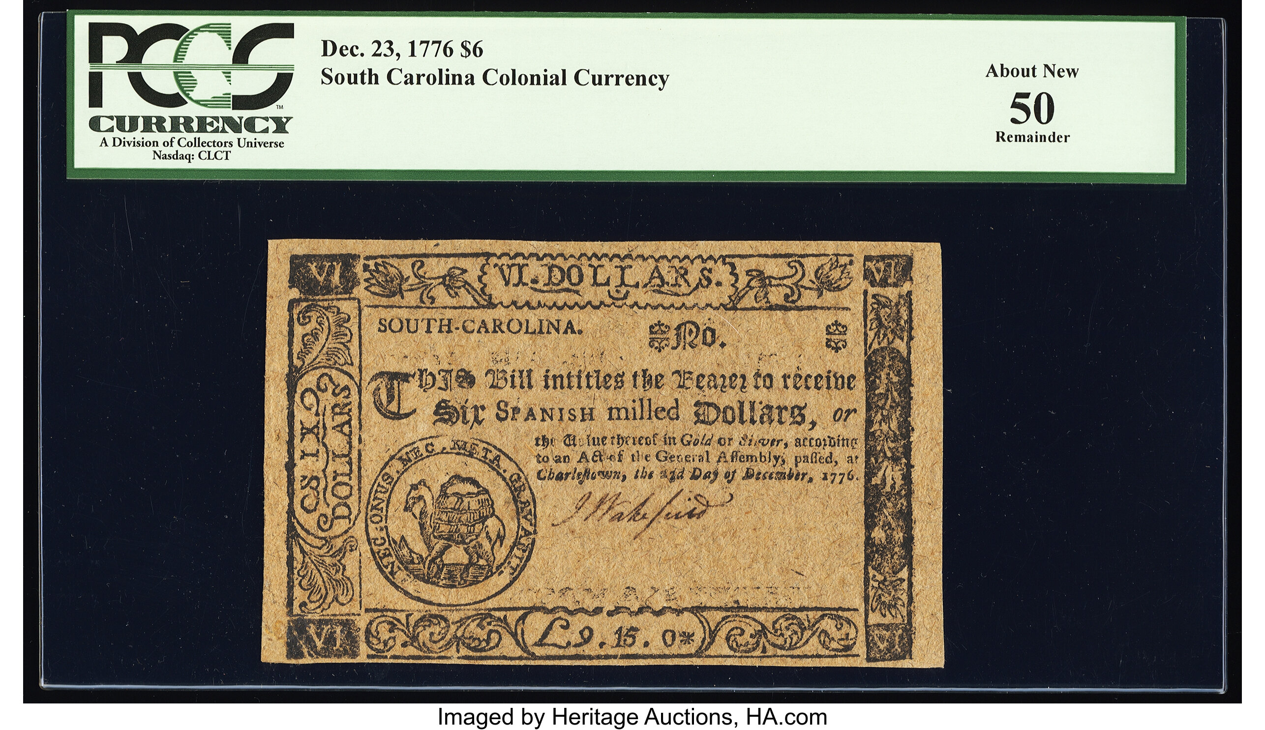 image for: South Carolina December 23, 1776 $6 Remainder PCGS About New 50....