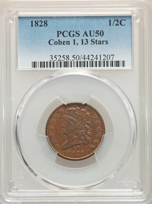 image for: 1828 1/2 C 13 Stars, C-1, B-1, R.2, AU50 PCGS. PCGS Population: (1/20). NGC Census: (1/26). CDN: $300 Whsle. Bid for NGC/PC...