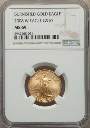 image for: 2008-W $10 Quarter-Ounce Gold Eagle, Burnished, MS69 NGC. NGC Census: (184/1428). PCGS Population: (1096/1194). CDN: $750 W...