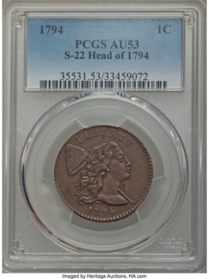 image for: 1794 1C Head of 1794, S-22, B-6, R.1, AU53 PCGS. Breen Die State V. Boldly detailed with a well-centered, even strike that ...