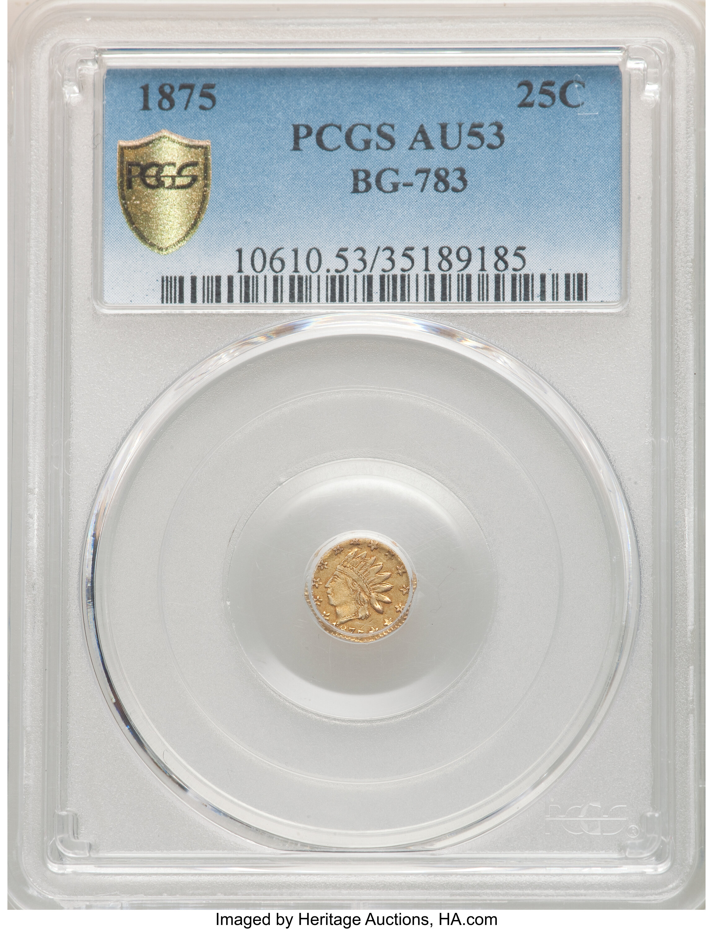 image for: 1875 25C Indian Octagonal 25 Cents, BG-783, R.5, AU53 PCGS. PCGS Population: (1/35 and 0/0+). NGC Census: (0/5 and 0/0+).  ...