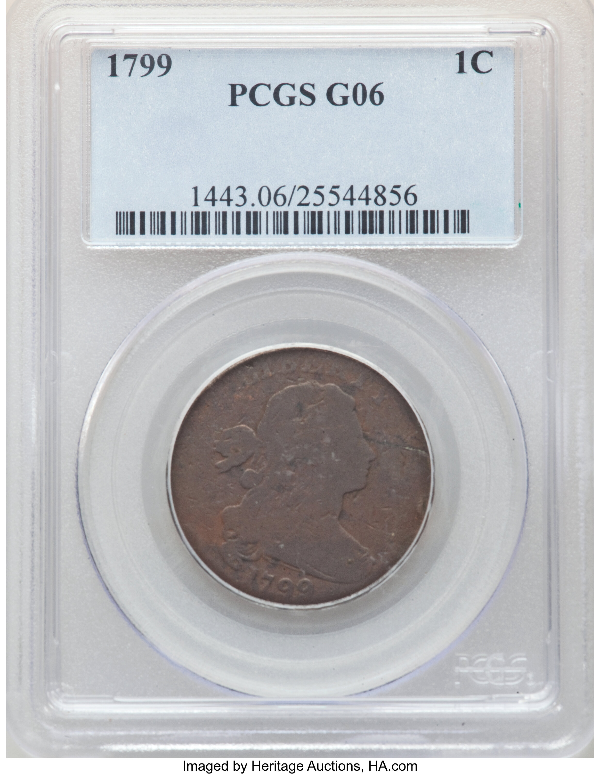image for: 1799 1C S-189, B-3, R.2, Good 6 PCGS. Die State indeterminate due to wear. Uniformly derby-brown with scattered abrasions, ...