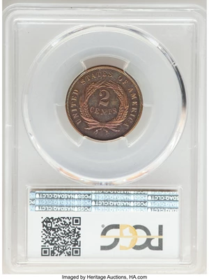 image for: 1864 2C Small Motto PR65 Brown PCGS. We know that the Philadelphia Mint produced approximately 100 proof two cent pieces in...