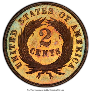 image for: 1864 2C Small Motto PR65 Brown PCGS. We know that the Philadelphia Mint produced approximately 100 proof two cent pieces in...