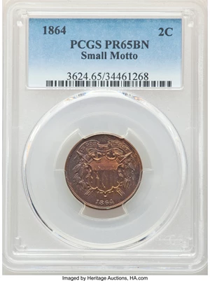 image for: 1864 2C Small Motto PR65 Brown PCGS. We know that the Philadelphia Mint produced approximately 100 proof two cent pieces in...