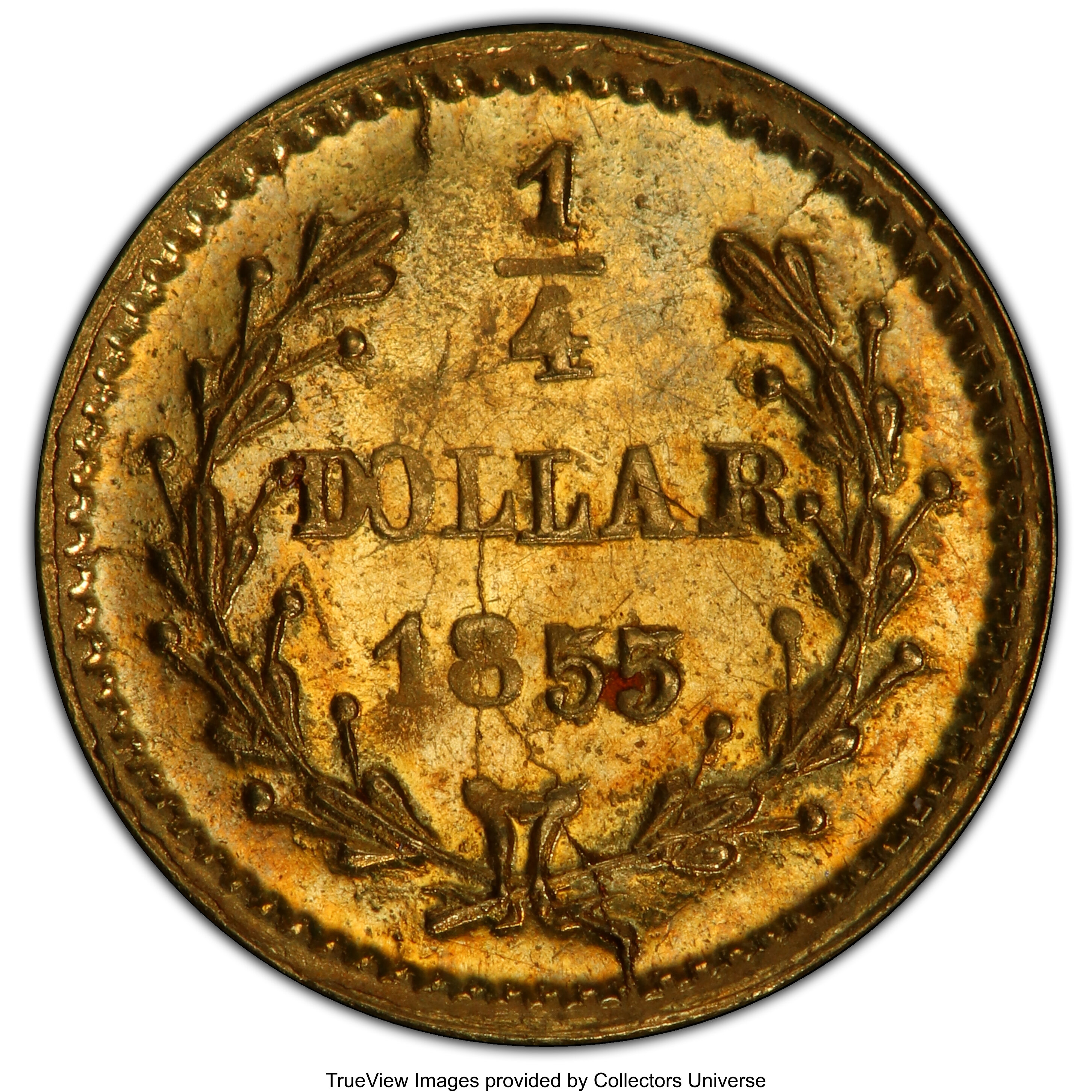 image for: 1855 25C Liberty Round 25 Cents, BG-227, R.6, MS63 PCGS. PCGS Population: (26/5 and 0/0+). NGC Census: (2/4 and 0/0+). MS63...