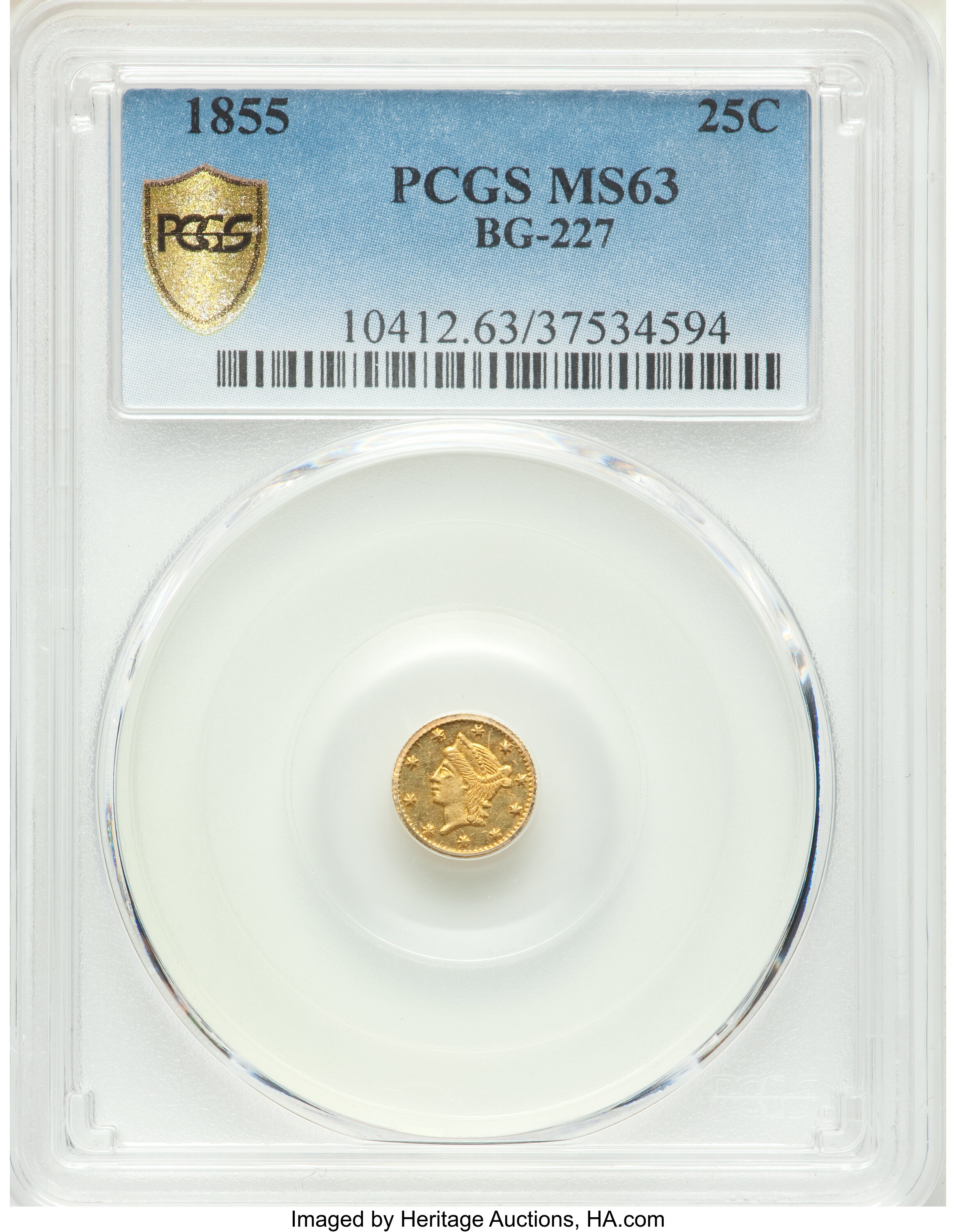 image for: 1855 25C Liberty Round 25 Cents, BG-227, R.6, MS63 PCGS. PCGS Population: (26/5 and 0/0+). NGC Census: (2/4 and 0/0+). MS63...