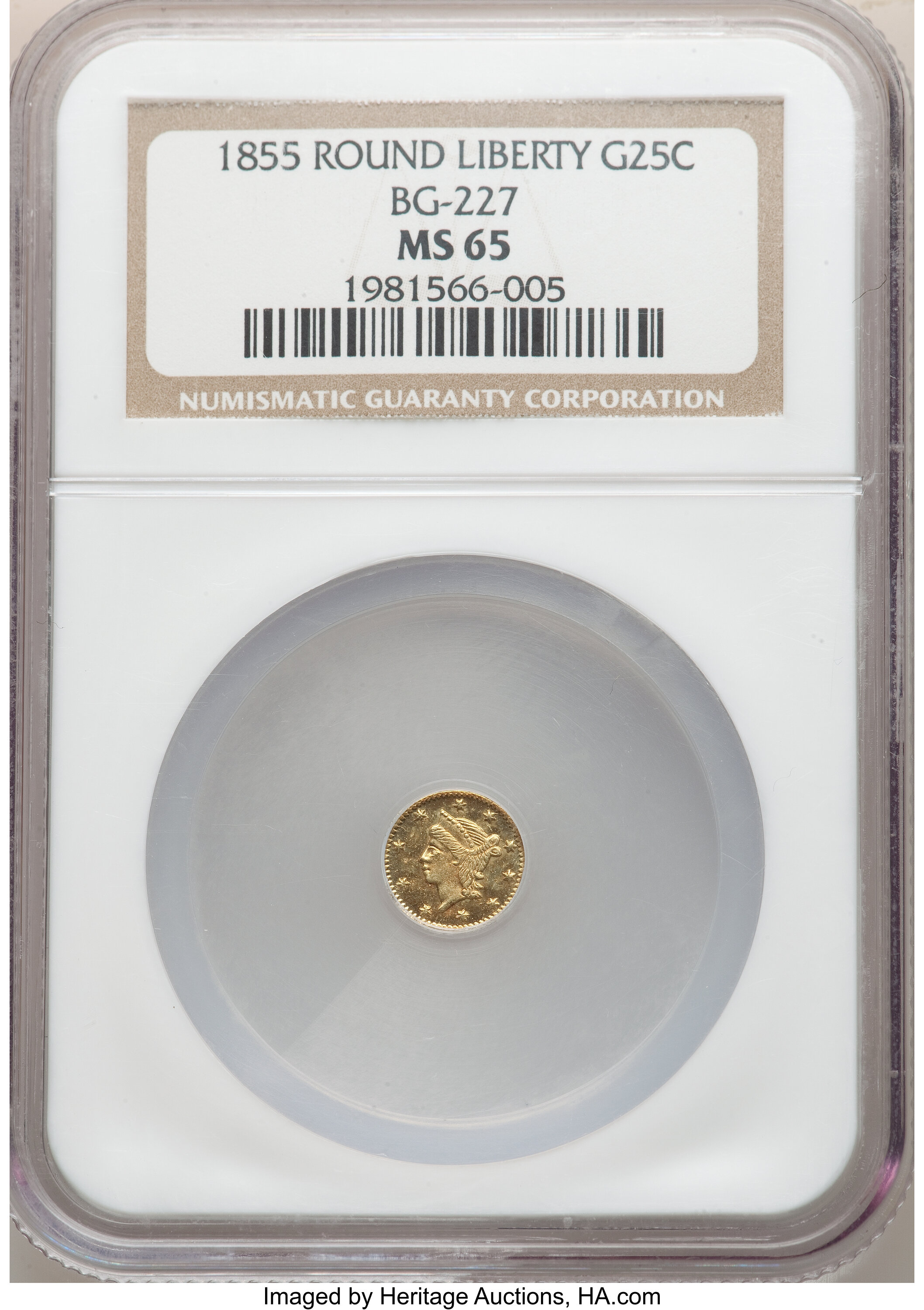 image for: 1855 25C Liberty Round 25 Cents, BG-227, R.6, MS65 NGC. NGC Census: (2/0). PCGS Population: (1/0). MS65. ...