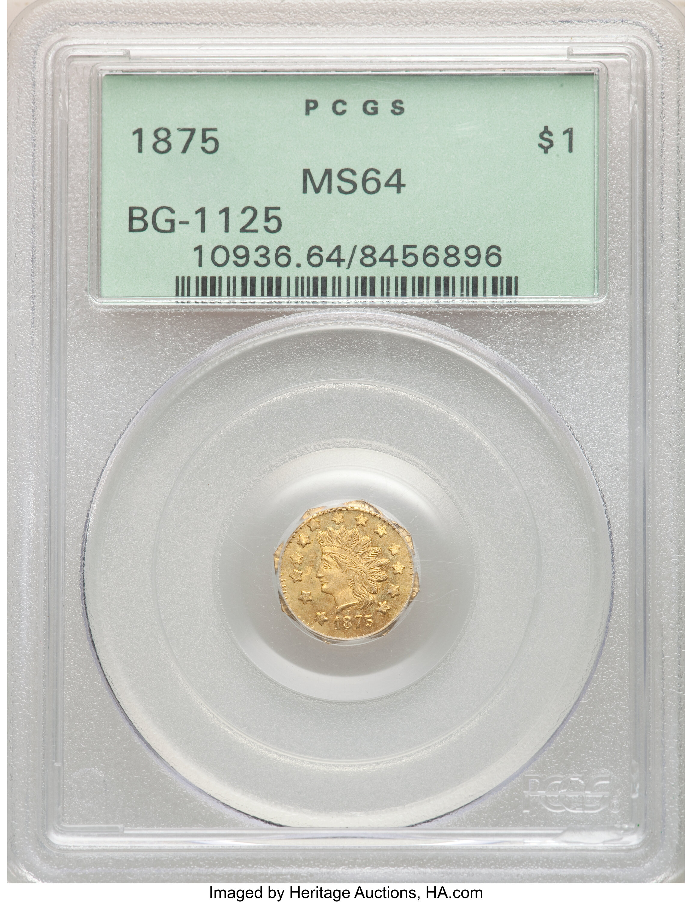 image for: 1875 $1 Indian Octagonal 1 Dollar, BG-1125, Low R.5, MS64 PCGS. PCGS Population: (14/3). NGC Census: (0/0). MS64. ...