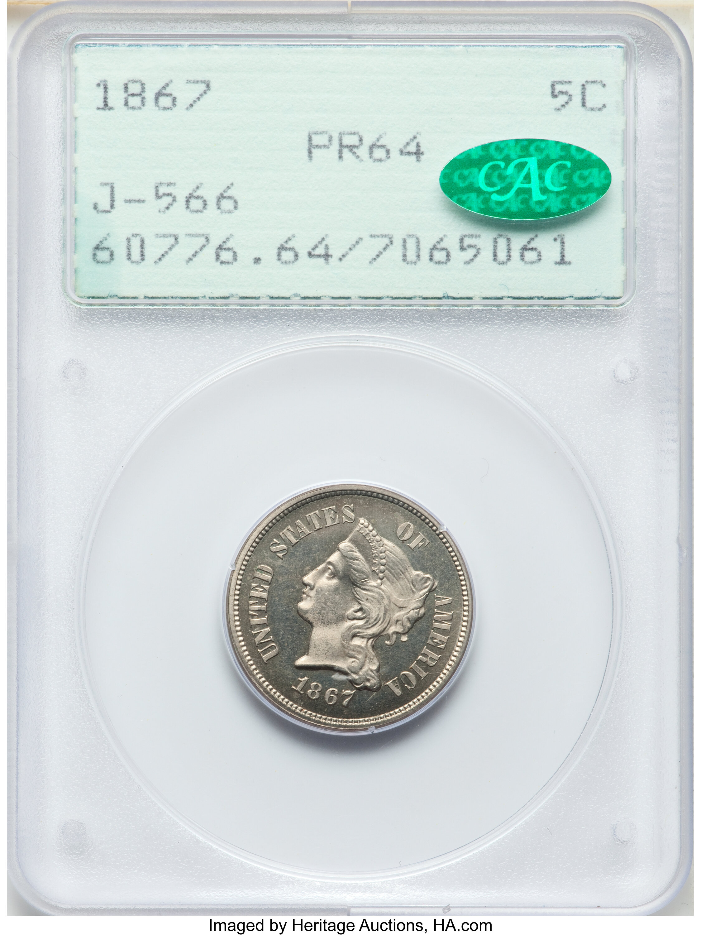 image for: 1867 5C Five Cents, Judd-566, Pollock-627, Low R.6, PR64 PCGS. CAC. PCGS Population: (8/4). NGC Census: (3/7).  ...