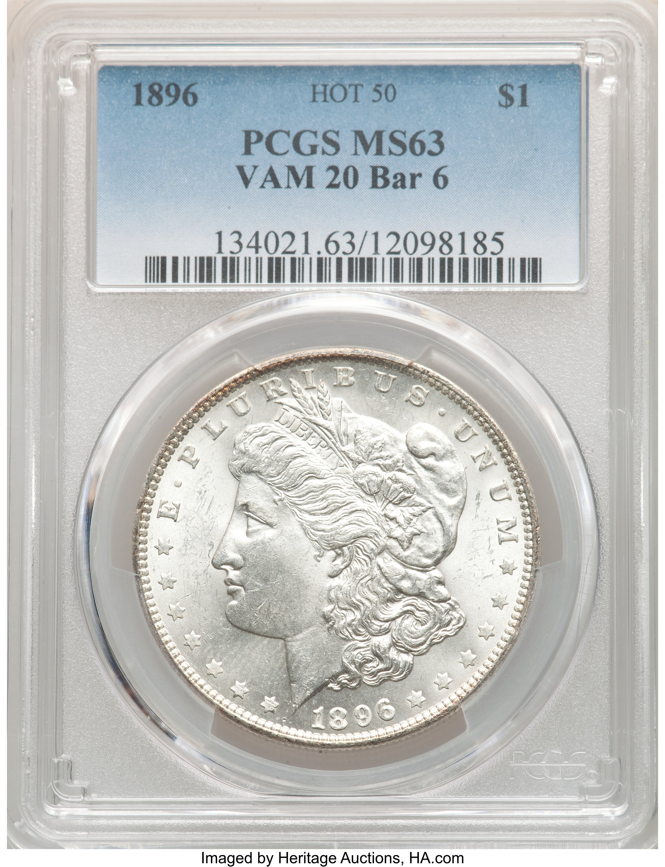 image for: 1896 $1 Bar 6, VAM-20, Hot 50, MS63 PCGS. PCGS Population: (28/29). NGC Census: (0/0). CDN: $125 Whsle. Bid for NGC/PCGS MS...