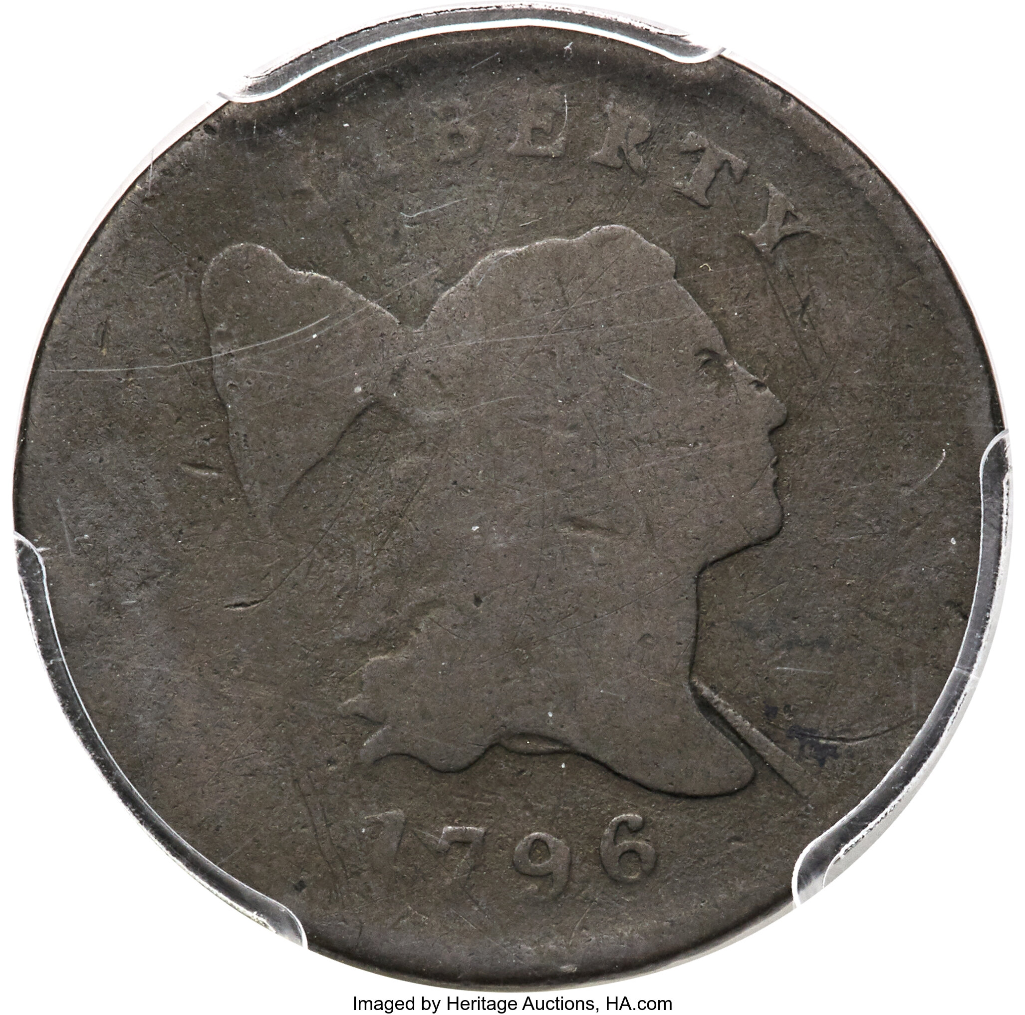 image for: 1796 1/2 C With Pole, C-2, B-2, High R.4, AG3 PCGS. CAC. The vast majority of 1796 Cohen-2 half cents are well worn, dark, ...