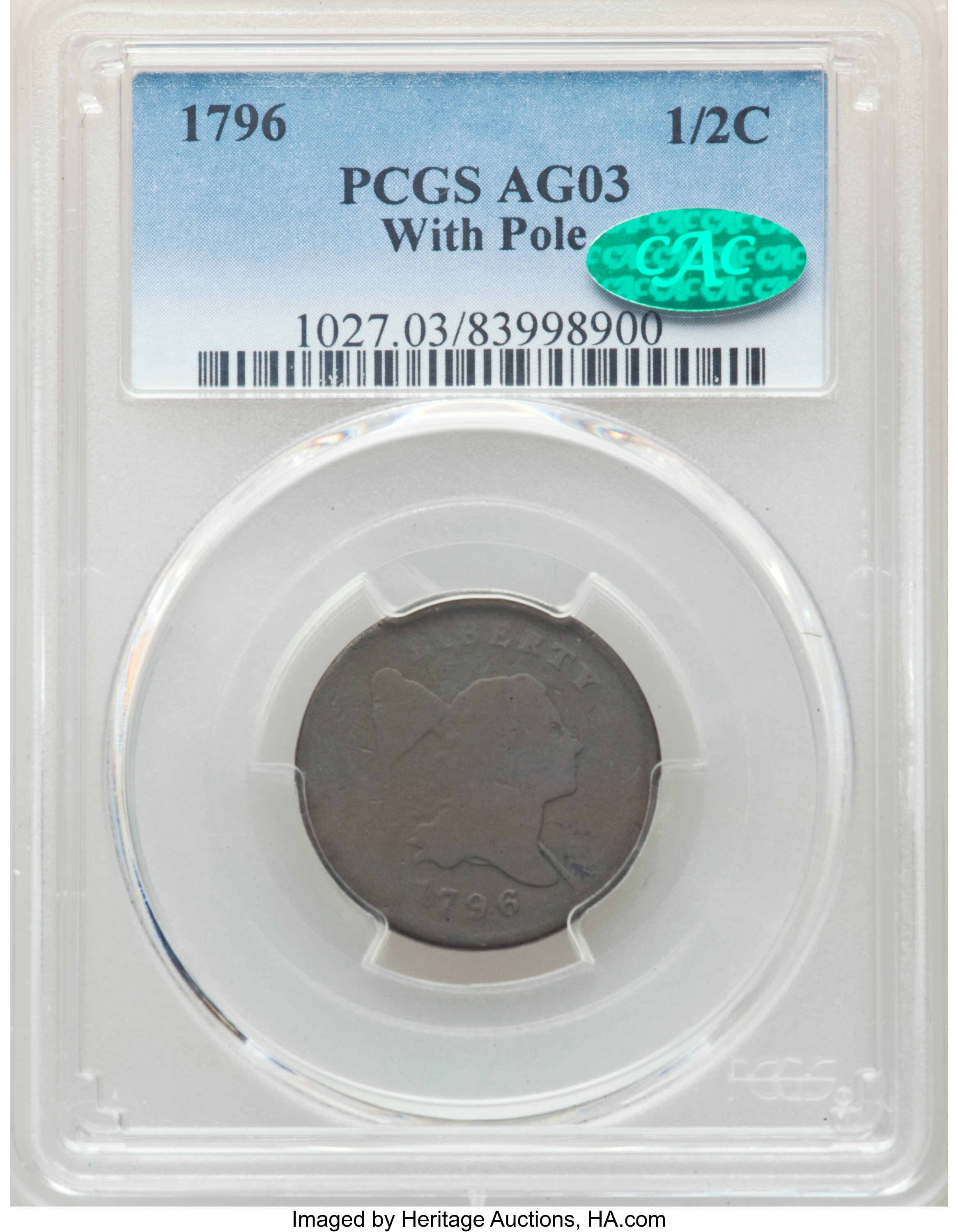 image for: 1796 1/2 C With Pole, C-2, B-2, High R.4, AG3 PCGS. CAC. The vast majority of 1796 Cohen-2 half cents are well worn, dark, ...