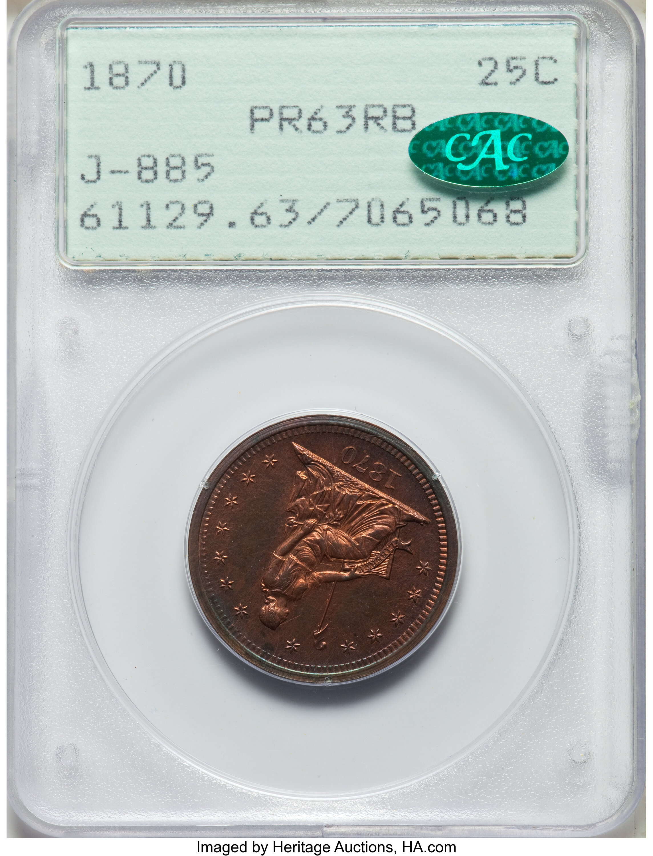 image for: 1870 25C Quarter Dollar, Judd-885, Pollock-983, Low R.7, PR63 Brown PCGS. CAC. The obverse depicts a William Barber portrai...