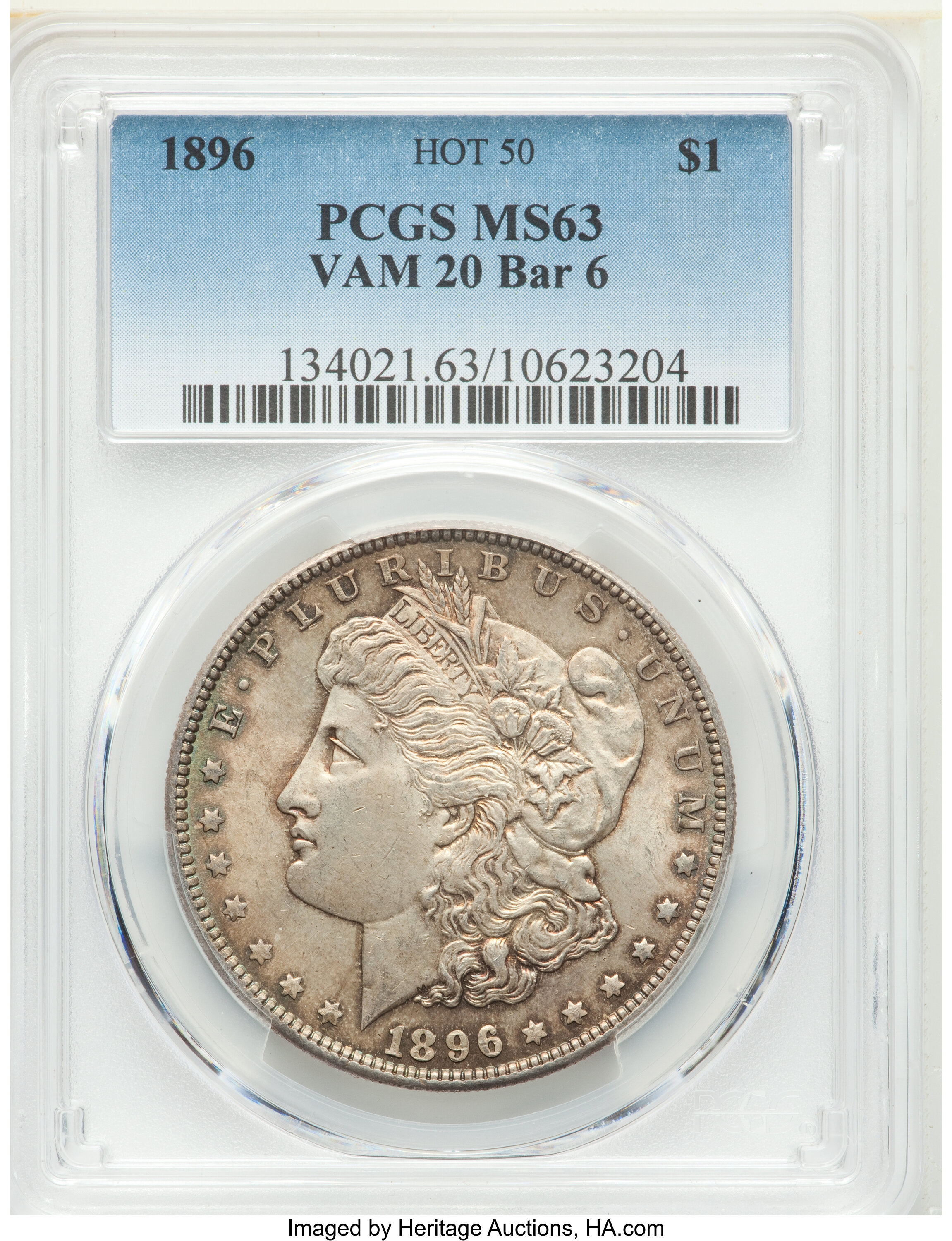image for: 1896 $1 Bar 6, VAM-20, Hot 50, MS63 PCGS. PCGS Population: (28/29). NGC Census: (0/0). CDN: $125 Whsle. Bid for NGC/PCGS MS...