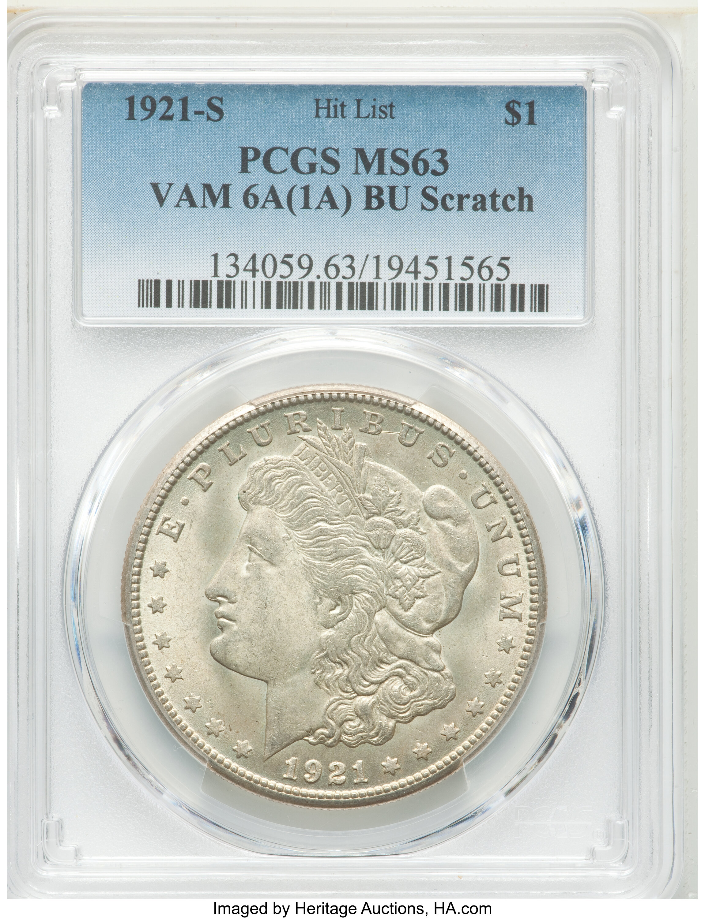 image for: 1921-S $1 BU Die Gouge, VAM-6A (1A), MS63 PCGS. A Hit List Variety. PCGS Population: (54/28). NGC Census: (0/0). CDN: $175 ...