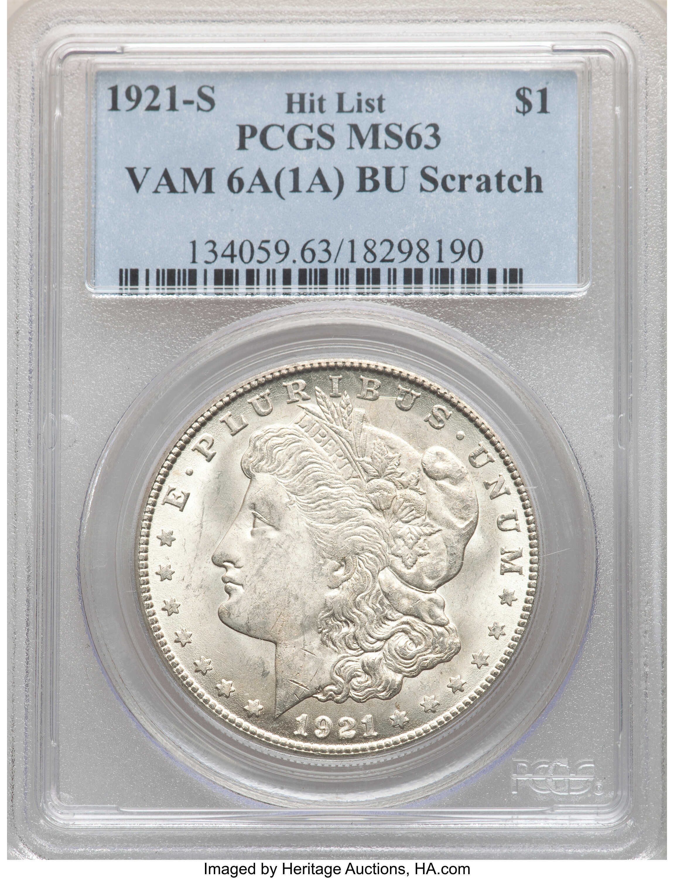 image for: 1921-S $1 BU Die Gouge, VAM-6A, MS63 PCGS. A Hit List Variety. PCGS Population: (54/28). NGC Census: (0/0). CDN: $175 Whsle...