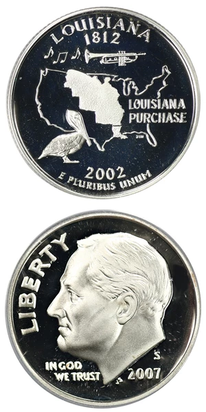 image for: Investor Lot of 2007-S 10c and 2002-S Louisiana 25c PCGS PR69 DCAM (Silver 2 Coins Total)