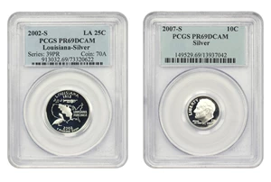 image for: Investor Lot of 2007-S 10c and 2002-S Louisiana 25c PCGS PR69 DCAM (Silver 2 Coins Total)