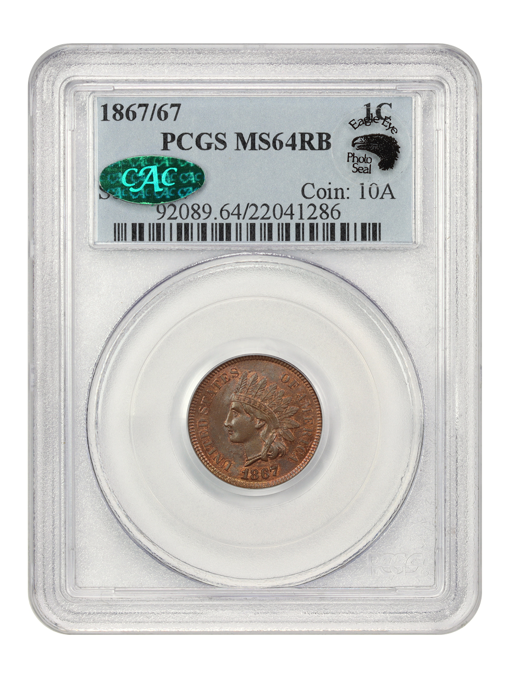 image for: 1867/67 1c PCGS/CAC MS64 RB (Eagle Eye Photo Seal)