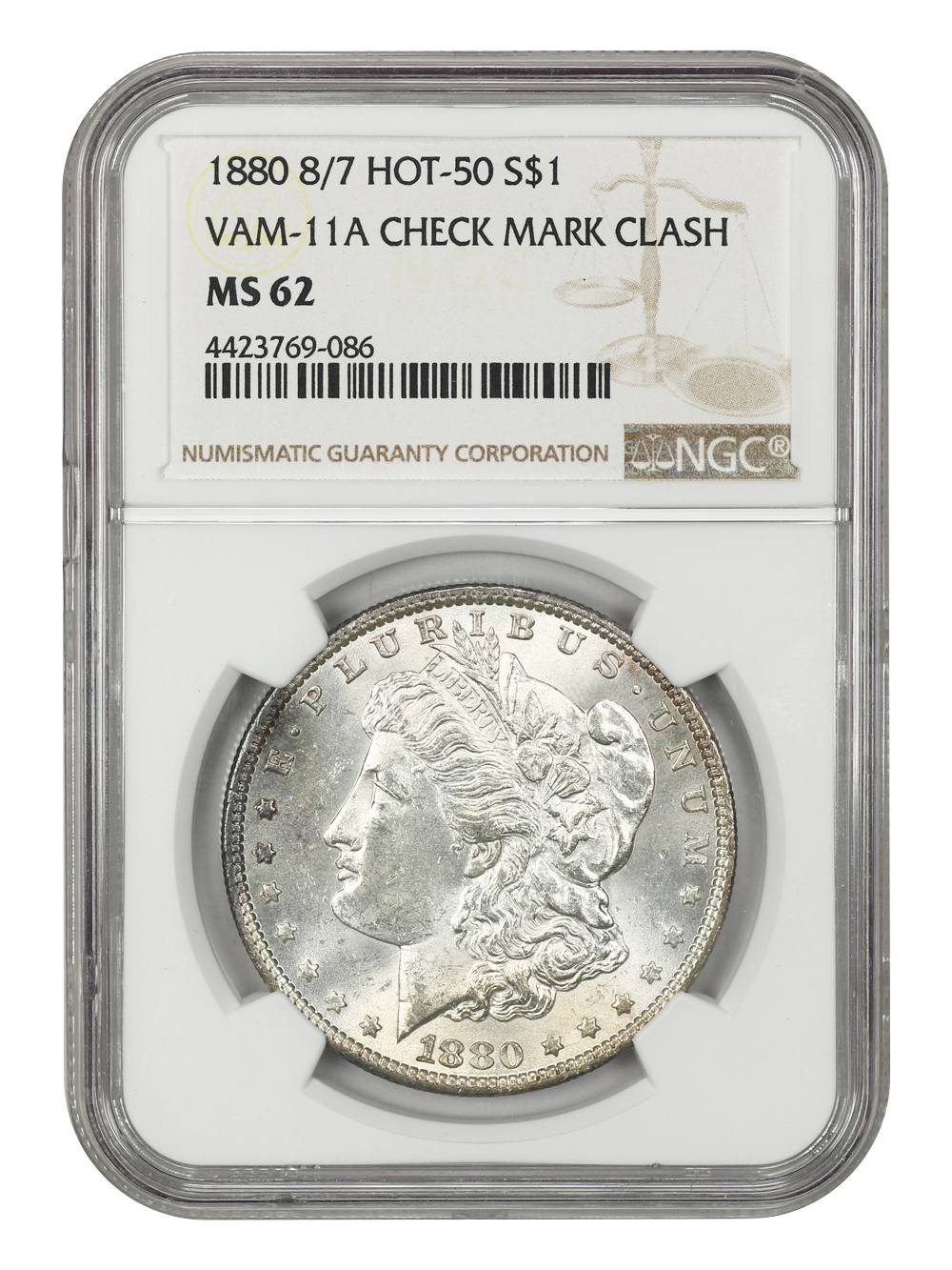 image for: 1880 8/7 $1 NGC MS62 (VAM-11A Checkmark Clash)