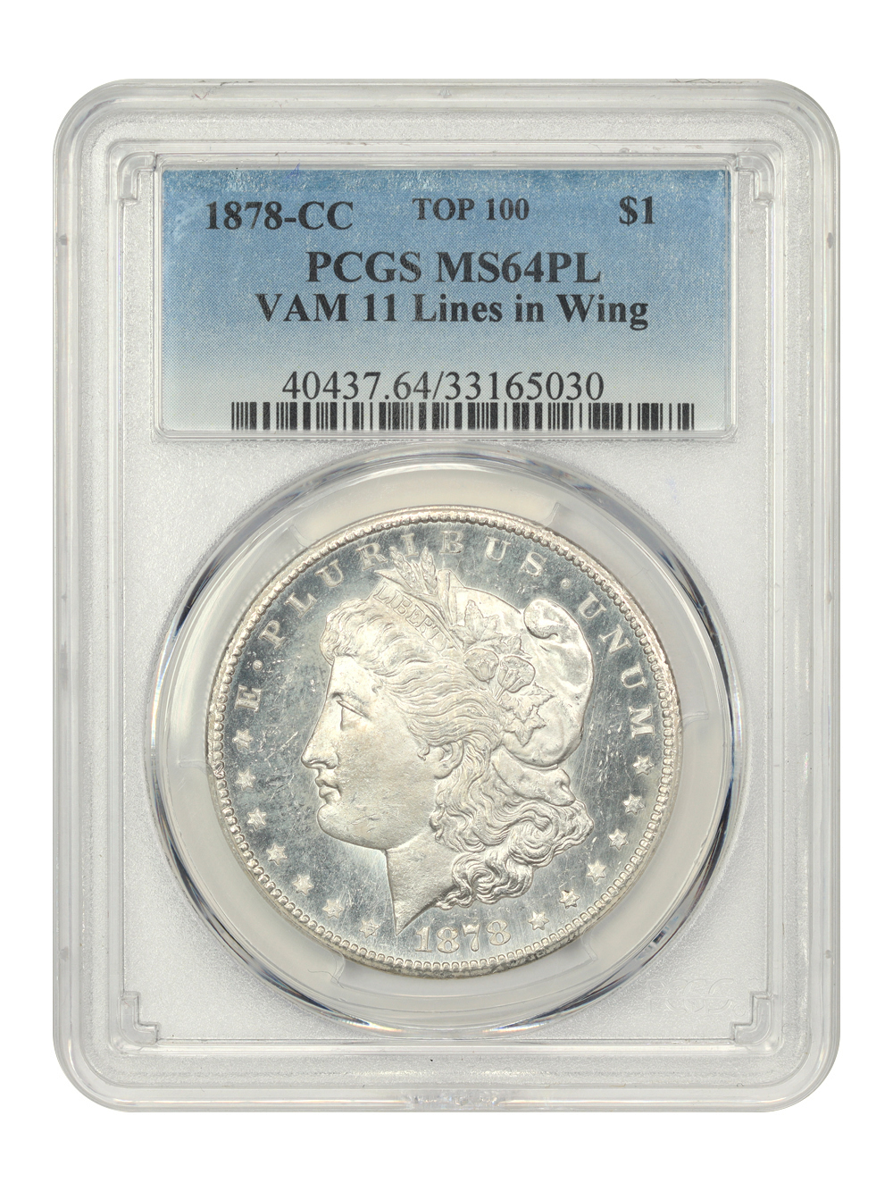 image for: 1878-CC $1 PCGS MS64 PL (VAM-11  Lines in Wing)