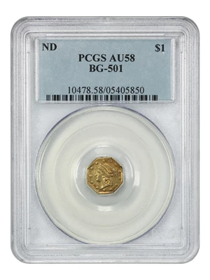 image for: No Date Cal Gold $1 PCGS AU58 (Octagonal Humbert Eagle Reverse BG-501)